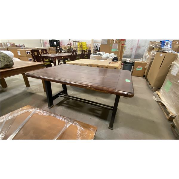 WOODEN TOP DINING TABLE WITH HEAVY INDUSTRIAL STYLE BLACK METAL BASE
