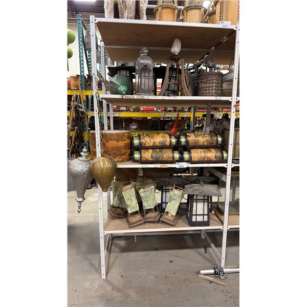 3 SHELVES OF ASSORTED ASIAN LANTERNS, CANDLE LANTERNS, LAMPSHADES & WALL LIGHTS