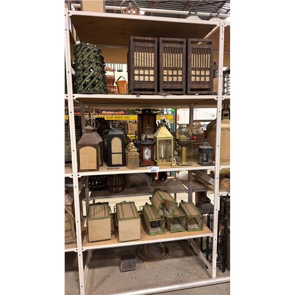 3 SHELVES OF ASSORTED ASIAN LANTERNS, LIGHTS & DECOR ITEMS