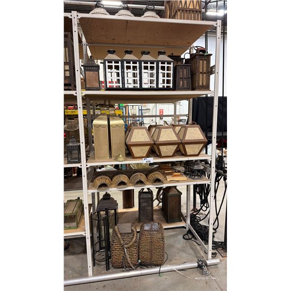 4 SHELVES OF ASSORTED ASIAN LANTERNS, LIGHTS, CANDLE BOXES & MORE