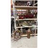 Image 1 : 3 SHELVES OF ASSORTED LANTERNS, CAPTAINS WHEEL, VINTAGE FIRE EXTINGUISHER, FAUX CRYSTALS & MORE