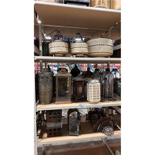 3 SHELVES OF ASSORTED ASIAN LANTERNS, LIGHTS & CANDLE BOXES