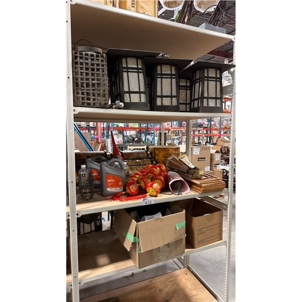 3 SHELVES OF ASSORTED LANTERNS, LAMP OILS & SET DEC ITEMS