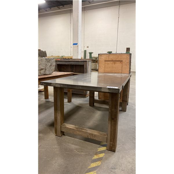 INDUSTRIAL STEEL TOP DINING TABLE WITH HEAVY WOODEN POST BASE