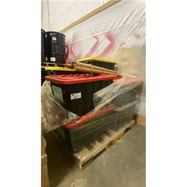 PALLET OF PLASTIC STORAGE BINS WITH ASSORTED DEC SET ITEMS AND PROPS