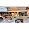 Image 11 : CONTENTS OF ENTIRE SHELVING UNIT OF ASSORTED SET DEC ITEMS INCLUDING CUPS, FAUX FRUIT, POTS, CRATES,