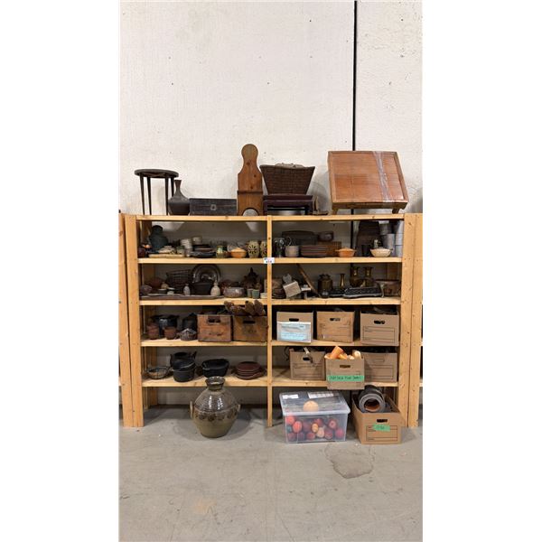 CONTENTS OF ENTIRE SHELVING UNIT OF ASSORTED SET DEC ITEMS INCLUDING CUPS, FAUX FRUIT, POTS, CRATES,
