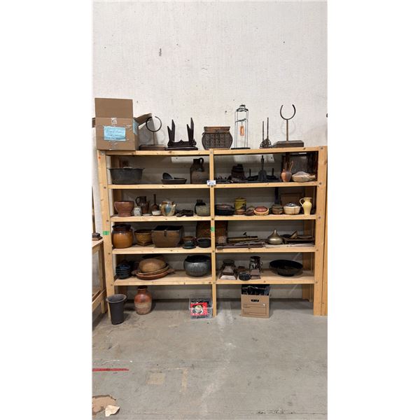 CONTENTS OF ENTIRE SHELVING UNIT OF ASSORTED SET DEC ITEMS INCLUDING BOWLS, SWORD STANDS, JARS,