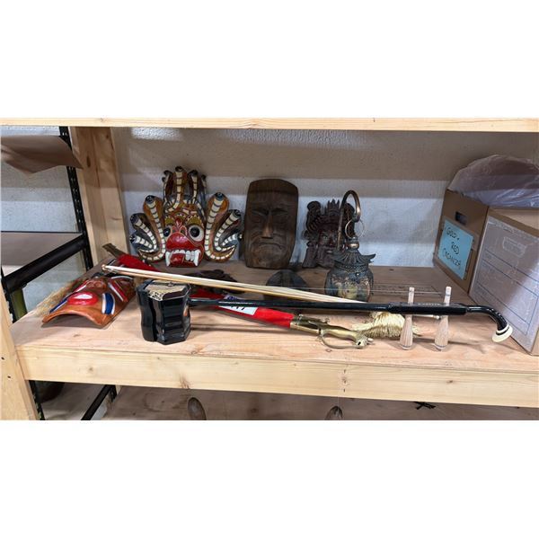 GROUP OF ASSORTED ASIAN MASKS, VINTAGE TRADITIONAL CHINESE VIOLIN, PROP SWORD & HANGING CANDLE