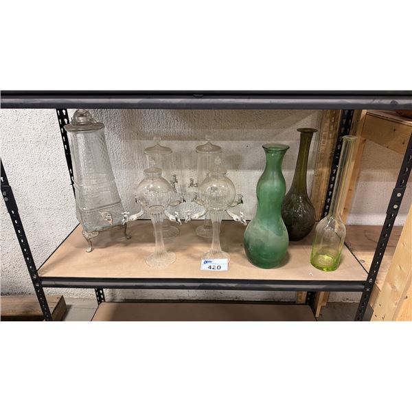 ASSORTED GLASS DRINK DISPENSERS & VINTAGE VASES
