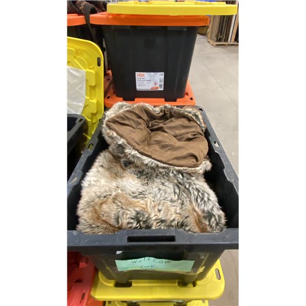 14 LIDDED STORAGE BINS WITH SHOW PROPS - FURS, POTTERY, FAKE FISH, BASKETS, JARS, BOOKS AND MORE