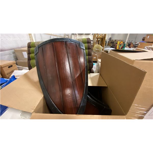 PALLET OF ASSORTED SHOW PROPS AND DECORATIONS - PLASTIC SHIELDS, ZEN BED, CERAMICS AND MORE