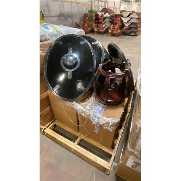 PALLET OF ASSORTED SHOW PROPS AND DECORATIONS - PLASTIC SHIELDS, PLANTERS, METAL PAGODAS AND MORE