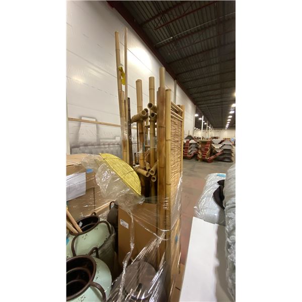 PALLET OF METAL FLOWER POTS, BAMBOO AND MORE