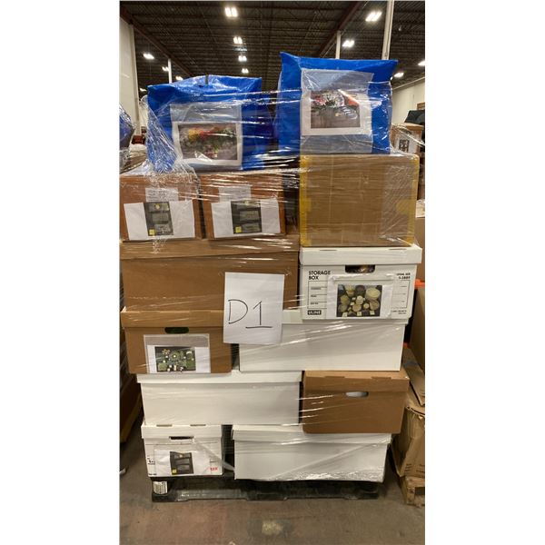 PALLET OF ASSORTED SHOW PROPS AND DECORATIONS - BASKETS, CERAMICS, GLASSWARE, POTTERY AND MORE