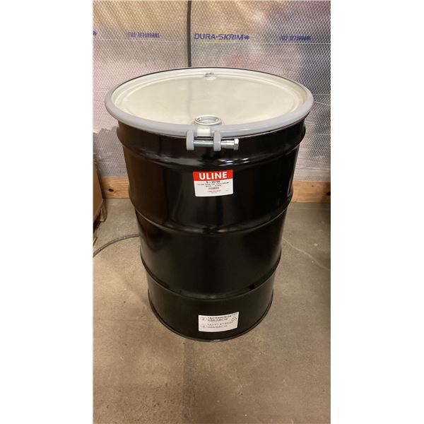 NEW ULINE 55 GAL OPEN TOP STEEL DRUM BARREL WITH LID - BLACK
