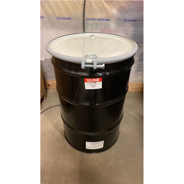NEW ULINE 55 GAL OPEN TOP STEEL DRUM BARREL WITH LID - BLACK