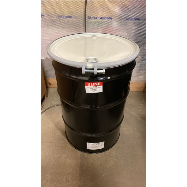 NEW ULINE 55 GAL OPEN TOP STEEL DRUM BARREL WITH LID - BLACK