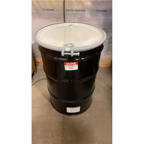 NEW ULINE 55 GAL OPEN TOP STEEL DRUM BARREL WITH LID - BLACK