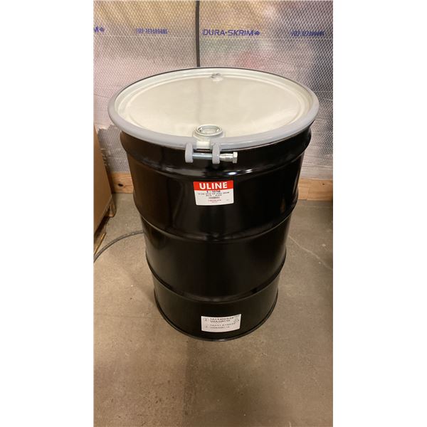 NEW ULINE 55 GAL OPEN TOP STEEL DRUM BARREL WITH LID - BLACK