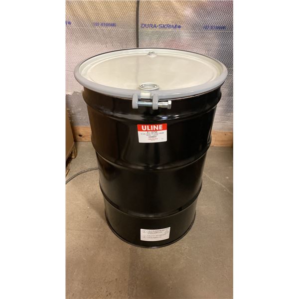 NEW ULINE 55 GAL OPEN TOP STEEL DRUM BARREL WITH LID - BLACK