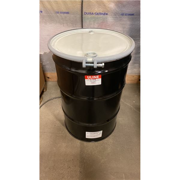 NEW ULINE 55 GAL OPEN TOP STEEL DRUM BARREL WITH LID - BLACK