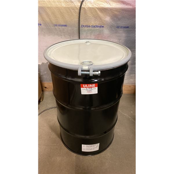 NEW ULINE 55 GAL OPEN TOP STEEL DRUM BARREL WITH LID - BLACK