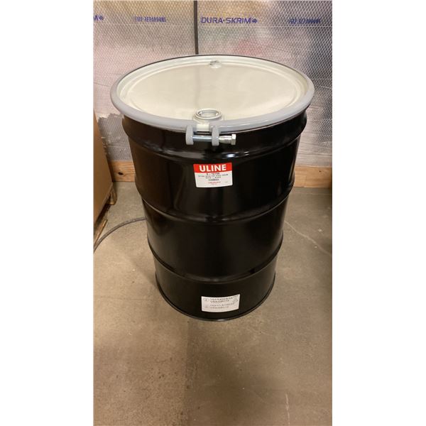 NEW ULINE 55 GAL OPEN TOP STEEL DRUM BARREL WITH LID - BLACK