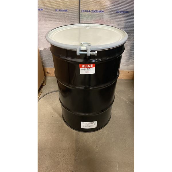 NEW ULINE 55 GAL OPEN TOP STEEL DRUM BARREL WITH LID - BLACK