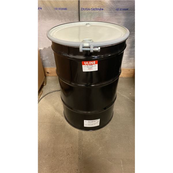 NEW ULINE 55 GAL OPEN TOP STEEL DRUM BARREL WITH LID - BLACK