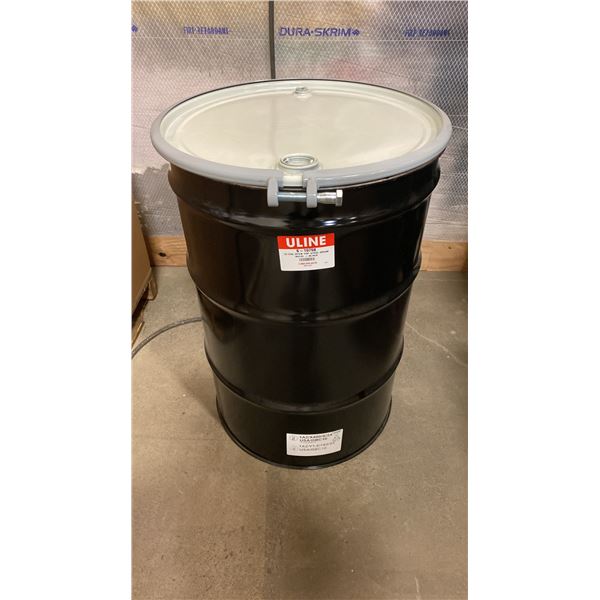 NEW ULINE 55 GAL OPEN TOP STEEL DRUM BARREL WITH LID - BLACK