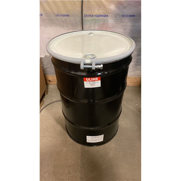NEW ULINE 55 GAL OPEN TOP STEEL DRUM BARREL WITH LID - BLACK