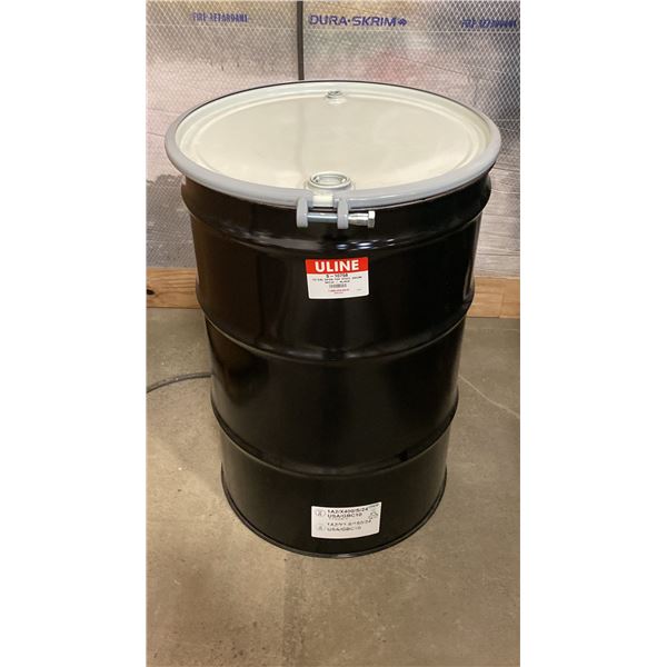 NEW ULINE 55 GAL OPEN TOP STEEL DRUM BARREL WITH LID - BLACK