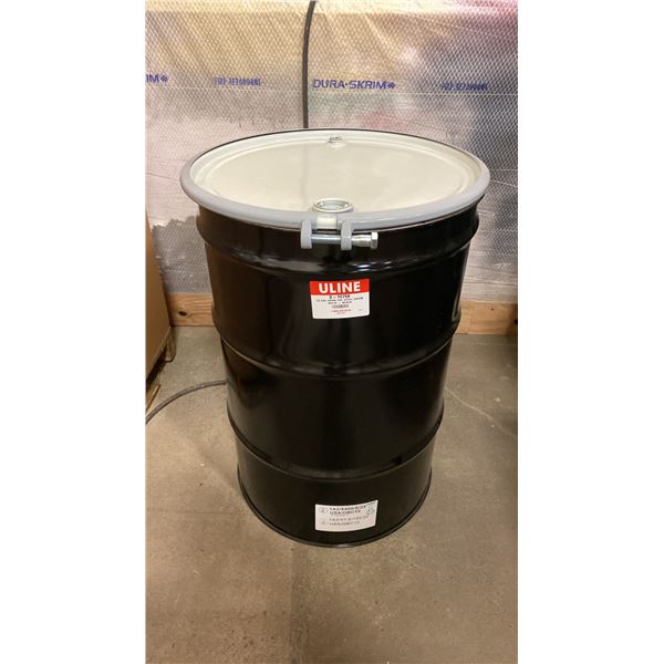 NEW ULINE 55 GAL OPEN TOP STEEL DRUM BARREL WITH LID - BLACK