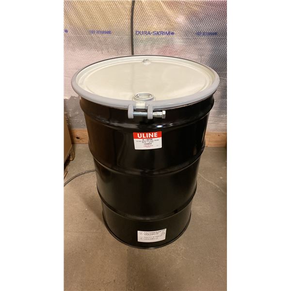 NEW ULINE 55 GAL OPEN TOP STEEL DRUM BARREL WITH LID - BLACK