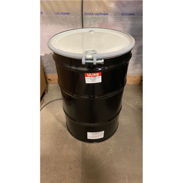 NEW ULINE 55 GAL OPEN TOP STEEL DRUM BARREL WITH LID - BLACK