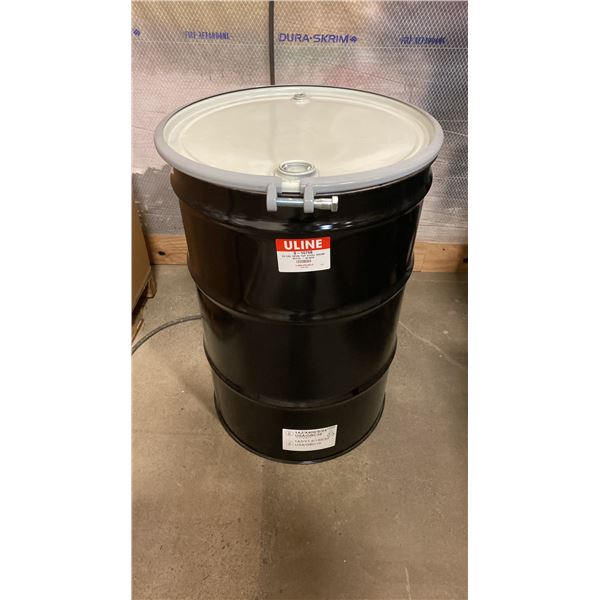NEW ULINE 55 GAL OPEN TOP STEEL DRUM BARREL WITH LID - BLACK