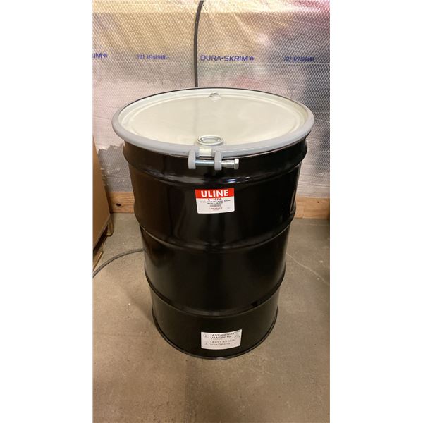 NEW ULINE 55 GAL OPEN TOP STEEL DRUM BARREL WITH LID - BLACK