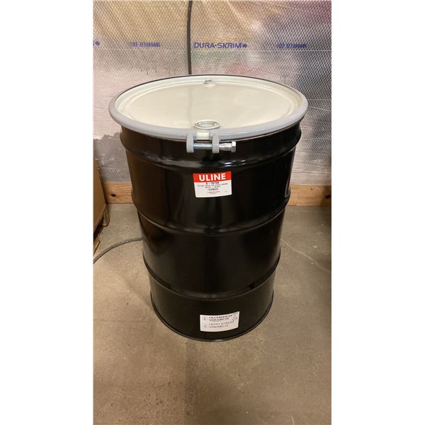 NEW ULINE 55 GAL OPEN TOP STEEL DRUM BARREL WITH LID - BLACK