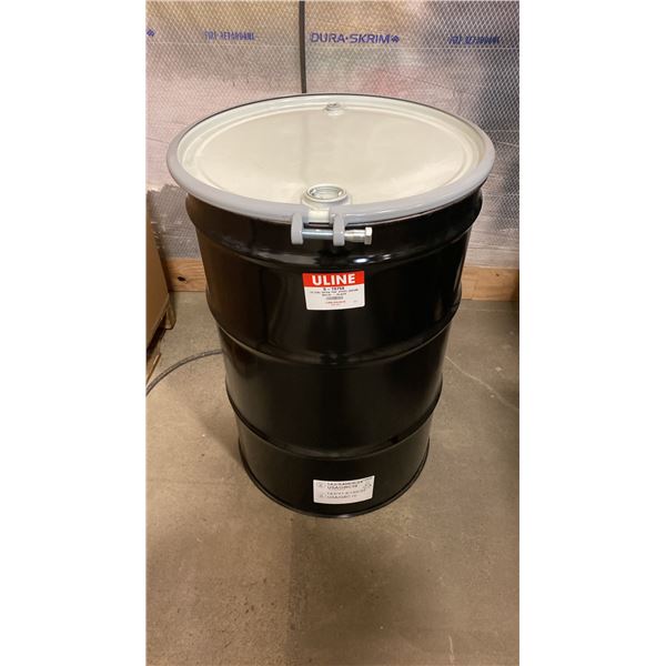 NEW ULINE 55 GAL OPEN TOP STEEL DRUM BARREL WITH LID - BLACK