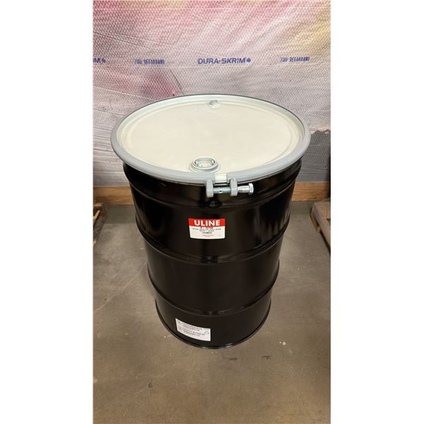 NEW ULINE 55 GAL OPEN TOP STEEL DRUM BARREL WITH LID - BLACK