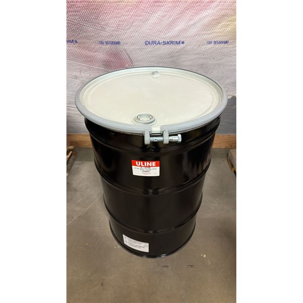 NEW ULINE 55 GAL OPEN TOP STEEL DRUM BARREL WITH LID - BLACK