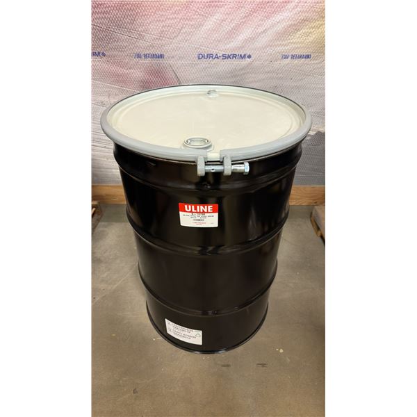 NEW ULINE 55 GAL OPEN TOP STEEL DRUM BARREL WITH LID - BLACK