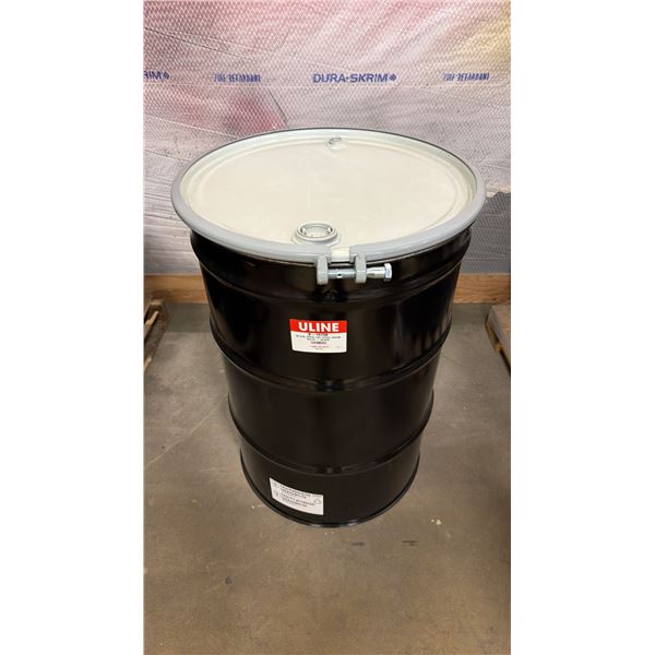 NEW ULINE 55 GAL OPEN TOP STEEL DRUM BARREL WITH LID - BLACK