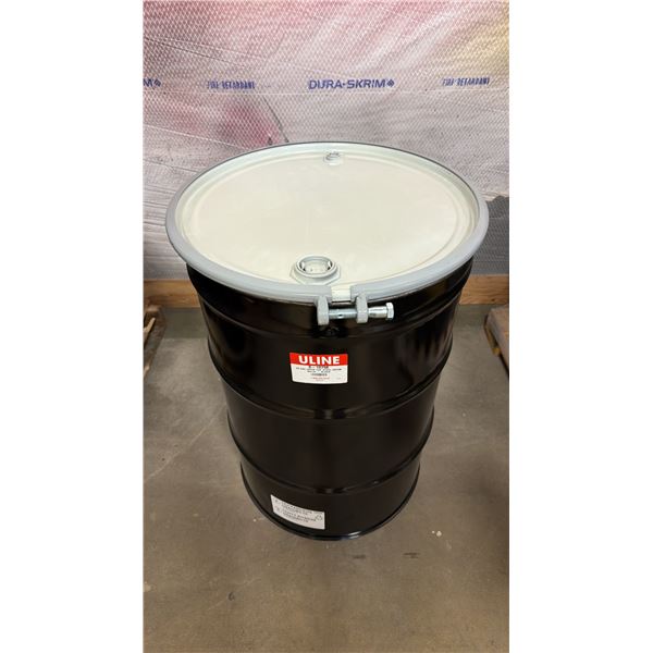 NEW ULINE 55 GAL OPEN TOP STEEL DRUM BARREL WITH LID - BLACK