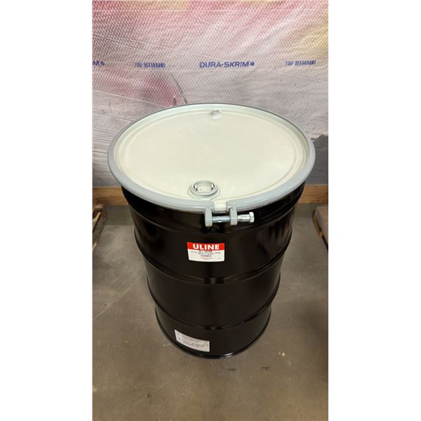 NEW ULINE 55 GAL OPEN TOP STEEL DRUM BARREL WITH LID - BLACK