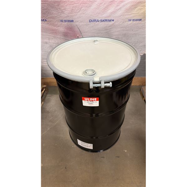 NEW ULINE 55 GAL OPEN TOP STEEL DRUM BARREL WITH LID - BLACK