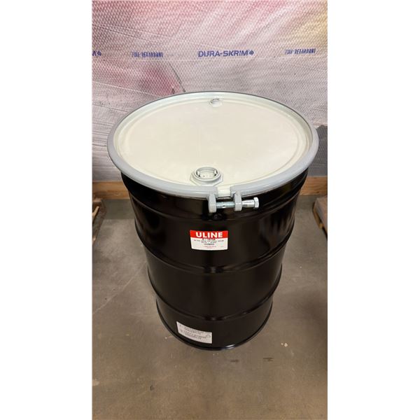 NEW ULINE 55 GAL OPEN TOP STEEL DRUM BARREL WITH LID - BLACK