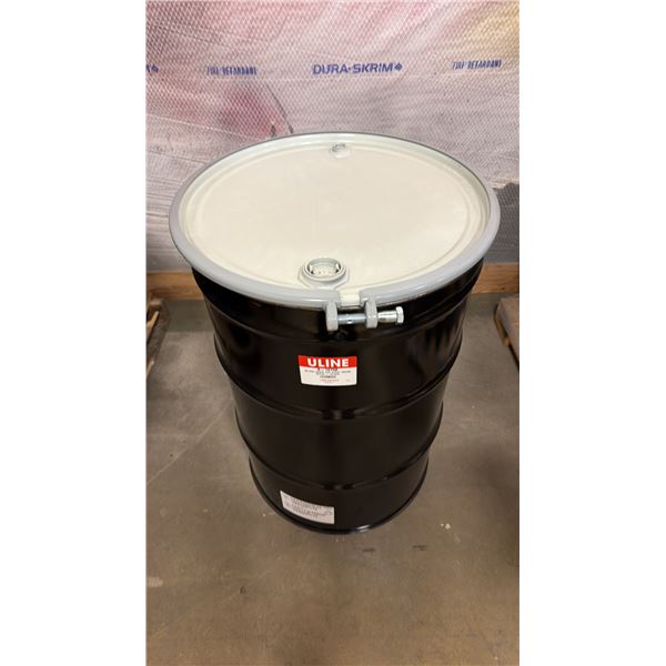 NEW ULINE 55 GAL OPEN TOP STEEL DRUM BARREL WITH LID - BLACK