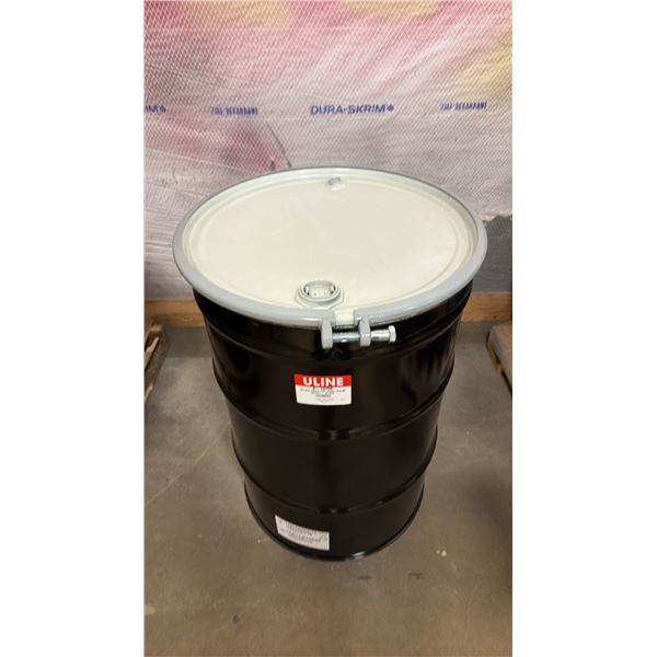 NEW ULINE 55 GAL OPEN TOP STEEL DRUM BARREL WITH LID - BLACK